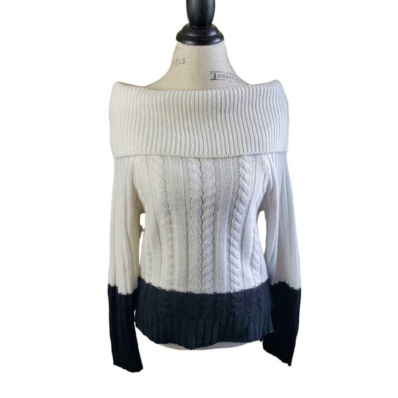 Suzy Shier Sweaters - SUZY SHIER | Off The Shoulder Cable knit Long Sleeve Black White Sweater (M)